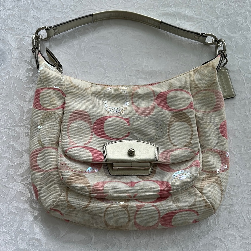 Coach Pink and Cream Monogram Shoulder Bag